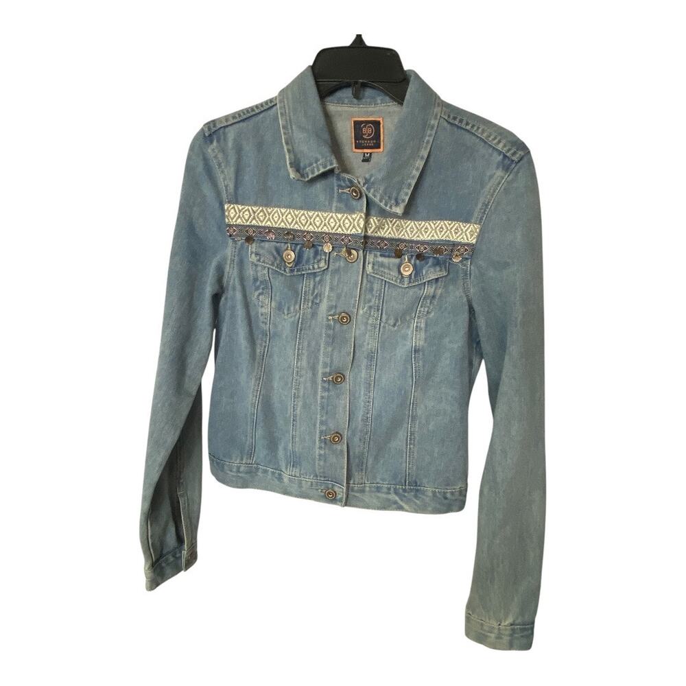 BOOMBOOM Size M Embroidered Jean Jacket Light Denim Pom Tassel Southwestern Boho